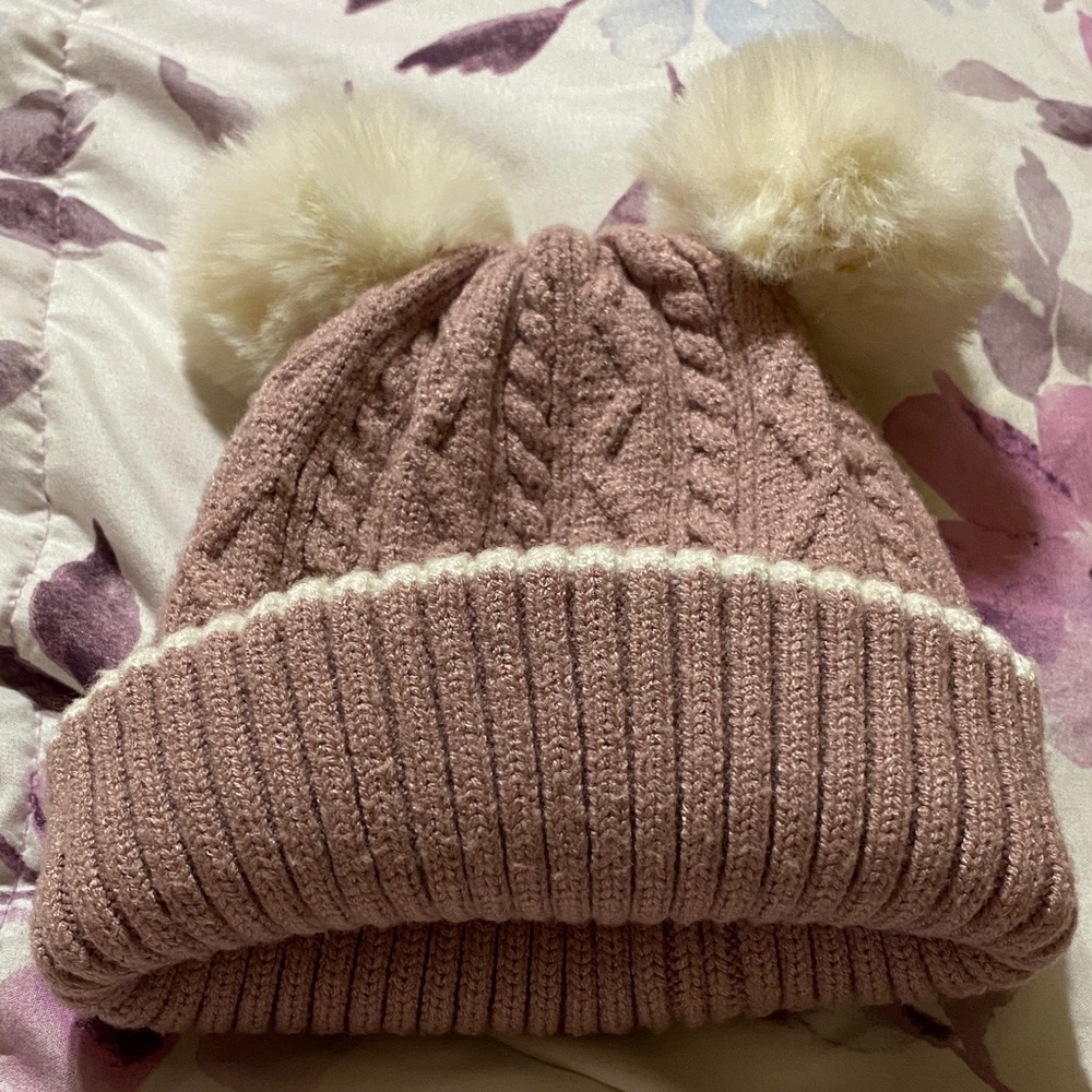 Kids Cable Knit Beanie with Double Faux-Fur Poms - Pink